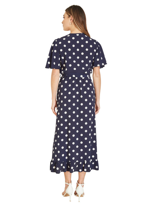 Mela Navy Spot Print Wrap Midi Dress With Frill Detail