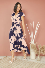 Yumi Navy Blossom Print Wrap Midi With Dipped Hem