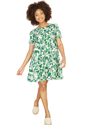 Mela Green Leaf Print Tunic Skater Dress