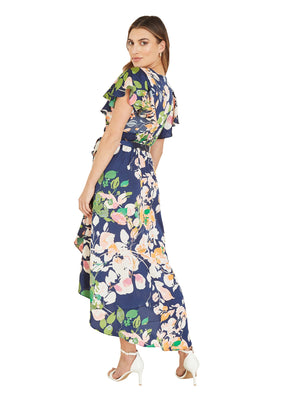 Mela Navy Floral Satin Wrap Over Midi Dress With Frill Sleeve