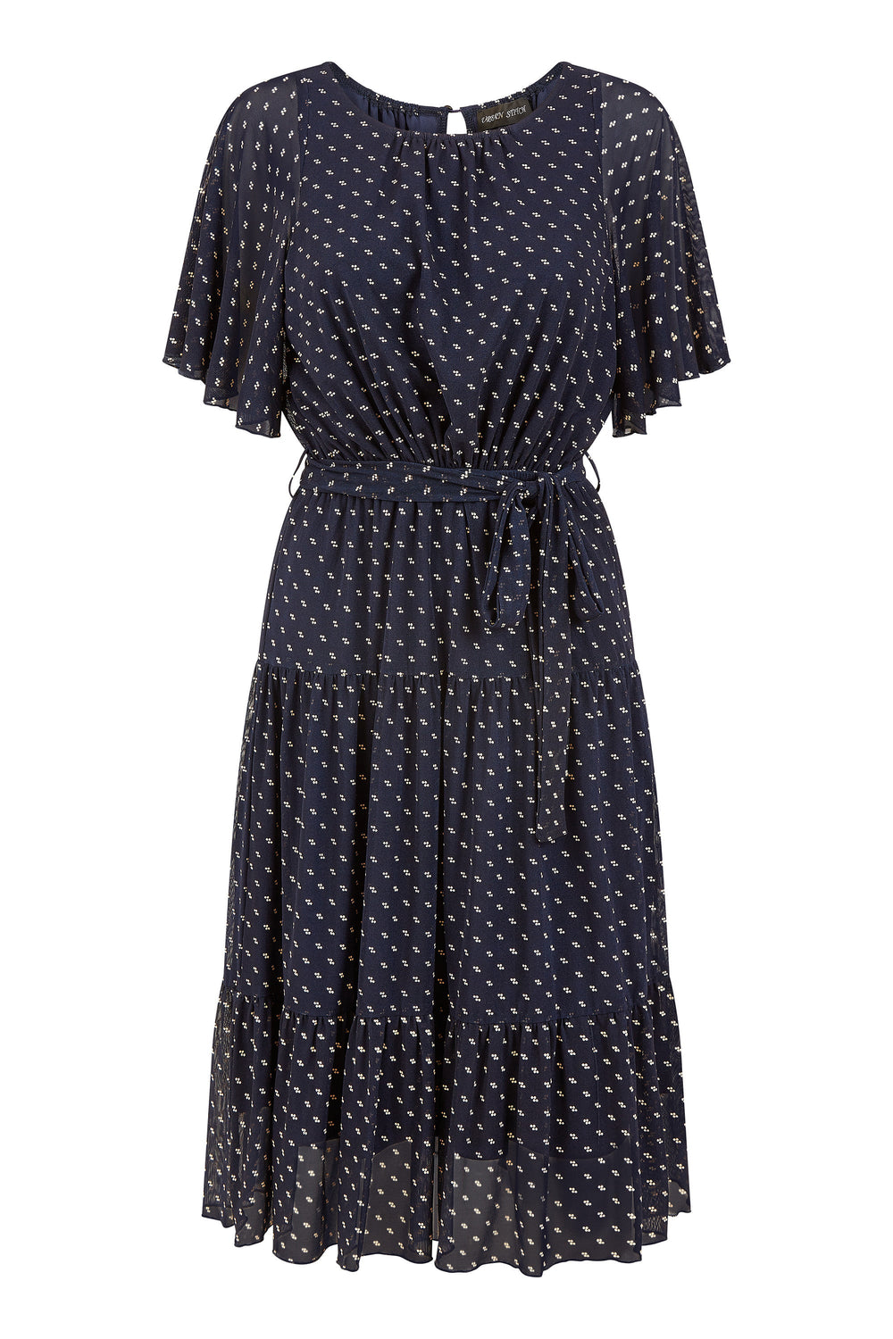 Yumi Navy Dot Print Mesh Stretch Midi Skater Dress