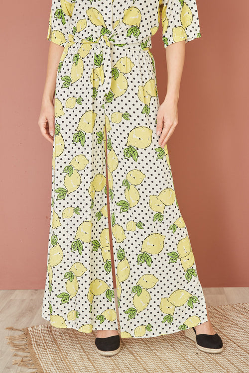 Mela White Viscose Lemon Print Relaxed Fit Trousers