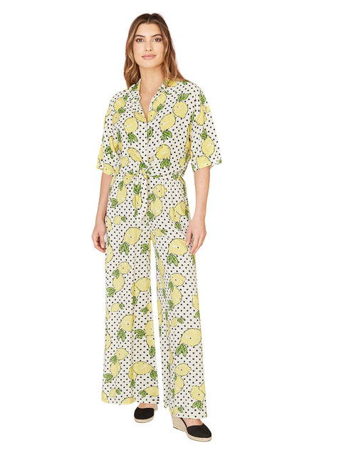 Mela White Viscose Lemon Print Relaxed Fit Trousers