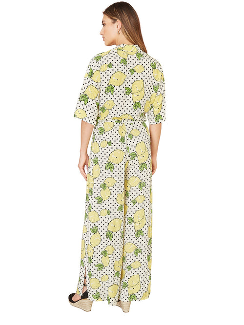 Mela White Viscose Lemon Print Relaxed Fit Trousers