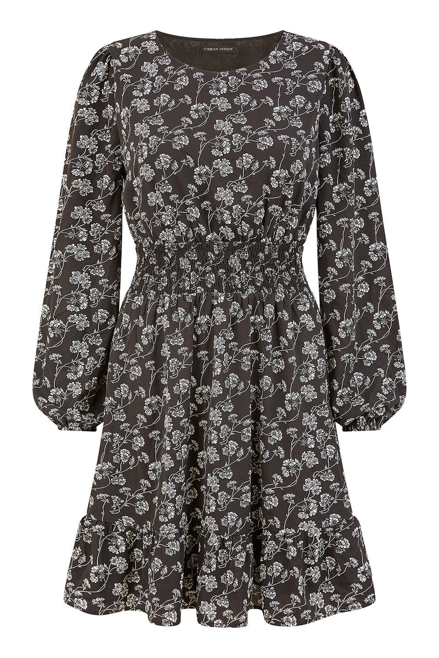 Mela Black Floral Print Ruched Waist Long Sleeve Skater Dress
