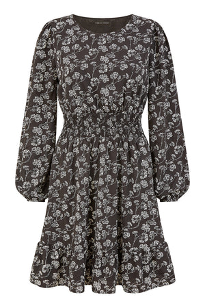 Mela Black Floral Print Ruched Waist Long Sleeve Skater Dress