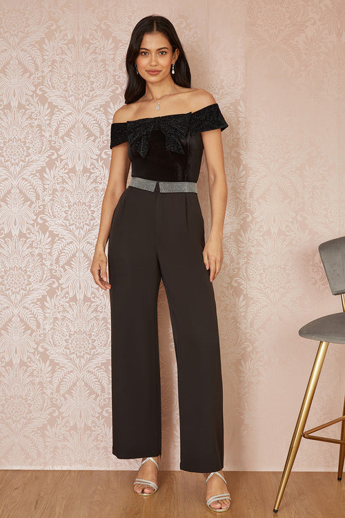 Mela Black Sparkle Black Velvet Bow Bardot Top