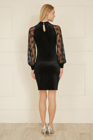 Yumi Black Velvet Fitted Dress With Lace Sleeves