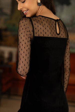Yumi Black Velvet Dress With Sheer Long Sleeves