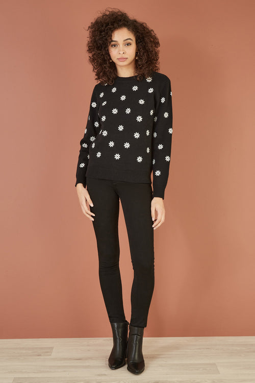 Yumi Black All Over Embroidered Daisy Knitted Jumper