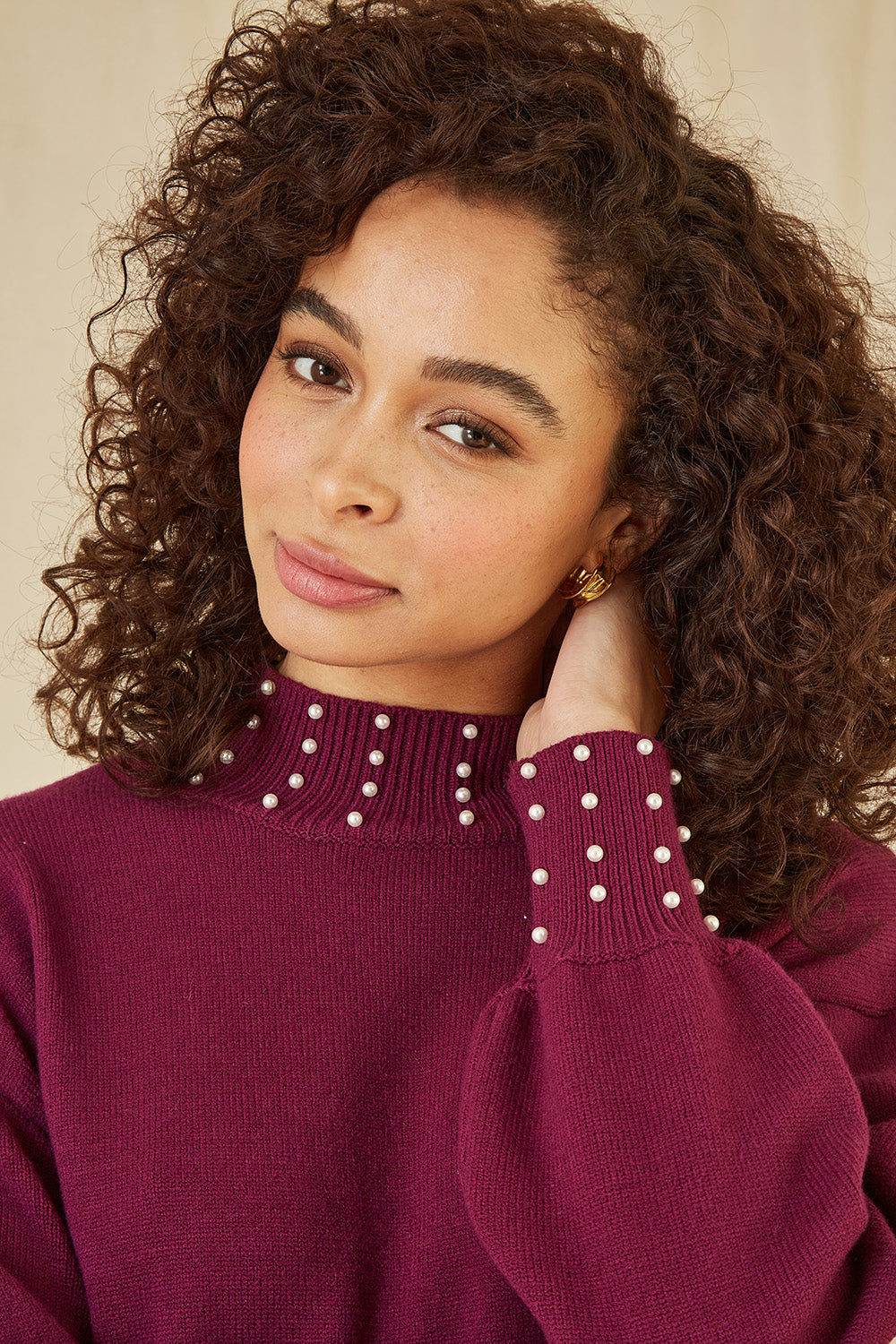 Yumi Plum Pearl Detail Knitted Relaxed Jumper Dress