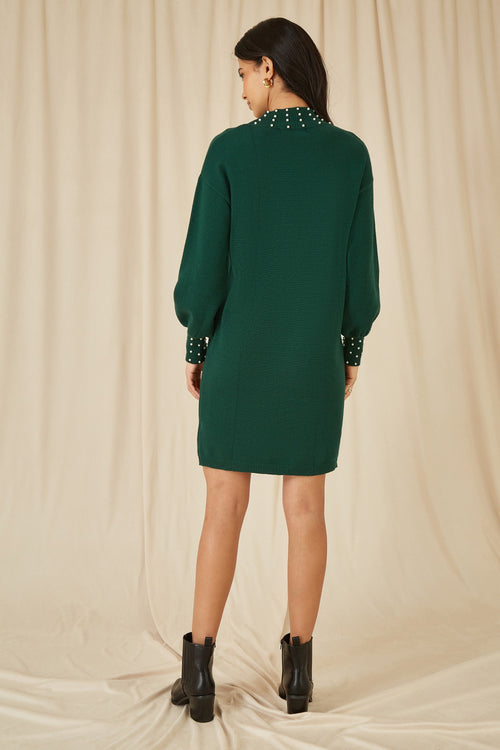 Mela Green Pearl Detail Knitted Relaxed Jumper Dress