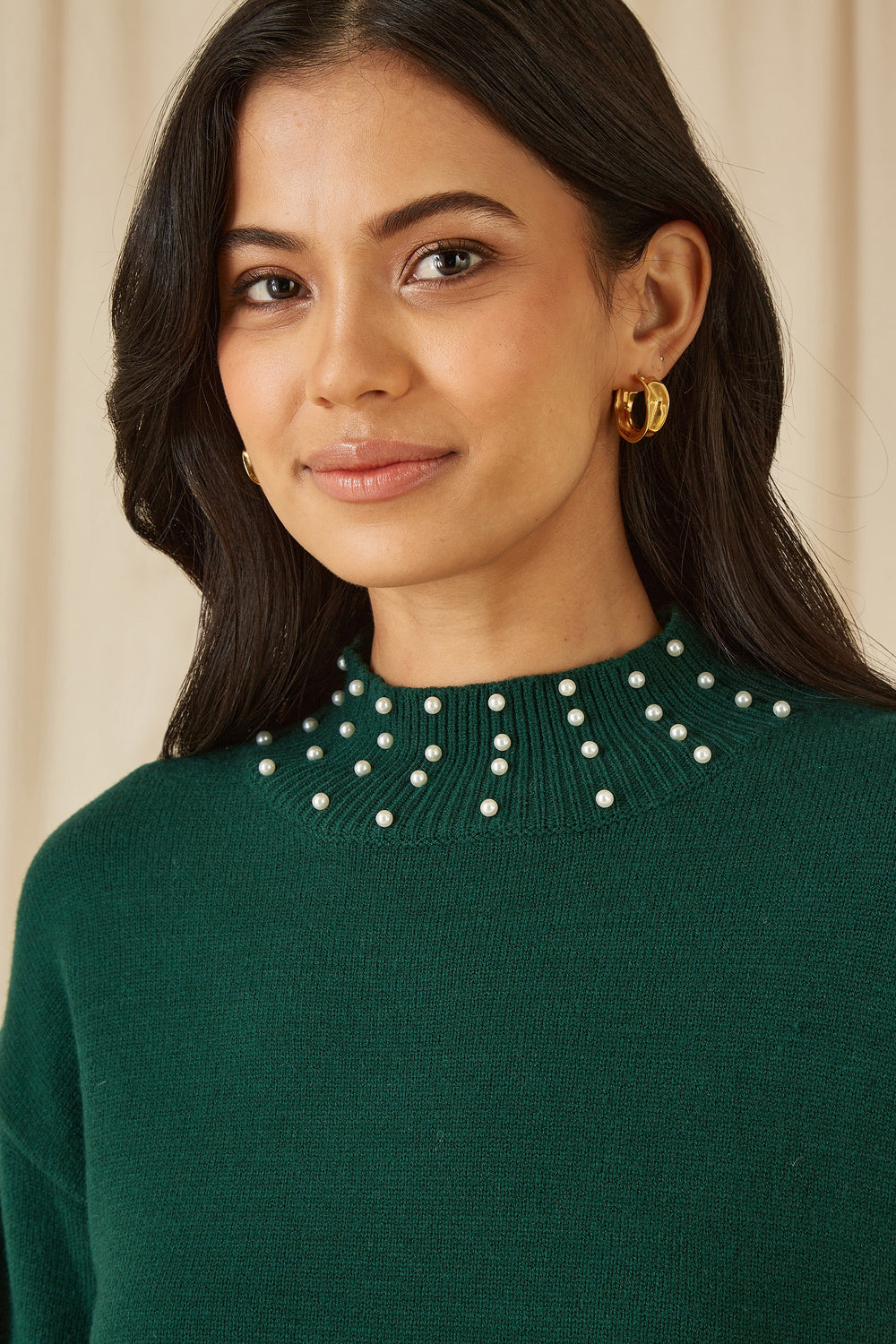 Mela Green Pearl Detail Knitted Relaxed Jumper Dress
