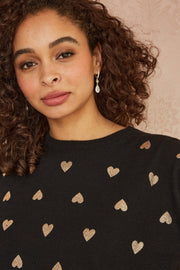Yumi Black Gold Foil Heart Print Relaxed Fit Jumper