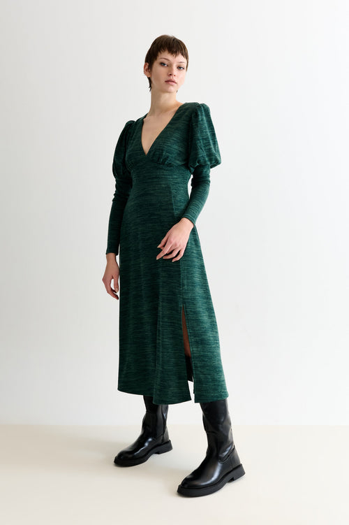 Moa Sustainable Marl Puff Sleeve V Neck Midi Dress - Green