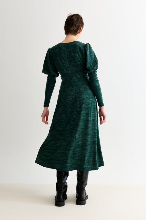 Moa Sustainable Marl Puff Sleeve V Neck Midi Dress - Green