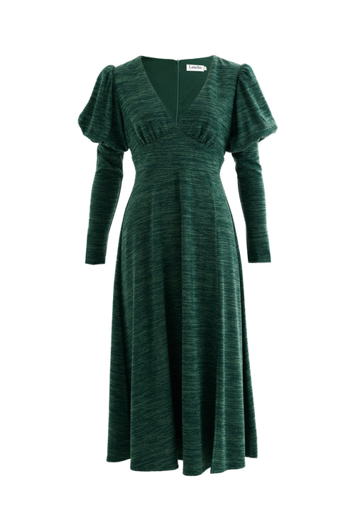 Moa Sustainable Marl Puff Sleeve V Neck Midi Dress - Green