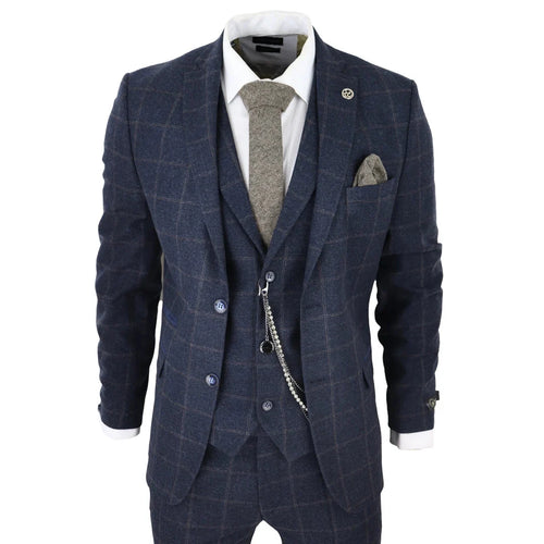 STZ72 - Men's 3 Piece Suit Wool Tweed Navy Blue Brown Check 1920s Gatsby Formal Dress Suits