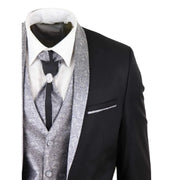 Sal-Yaica - Men's 4 Piece Wedding Suit Groom Shawl Collar Black Silver Cravat