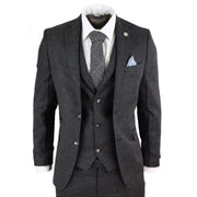 STZ14 - Men's Wool 3 Piece Suit Tweed Charcoal Black Classic