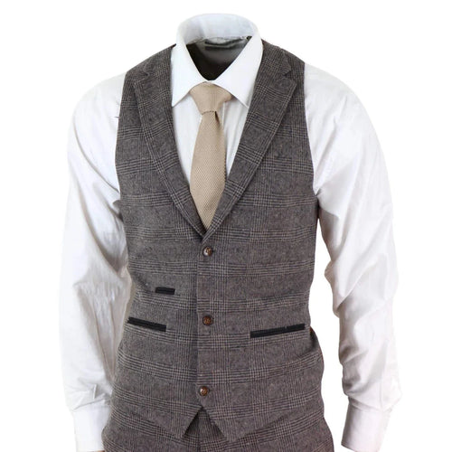 STZ17 - Men's Wool 3 Piece Check Suit Tweed Brown Blinders Gatsby 1920s