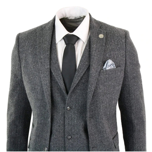 STZ11 - Men's Grey Black 3 Piece Tweed Suit Herringbone Wool