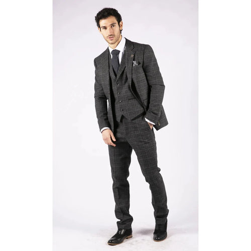 AK-12 - Men's Grey Tweed 3 Piece Suit Blue Check 1920s Gatsby Blinders