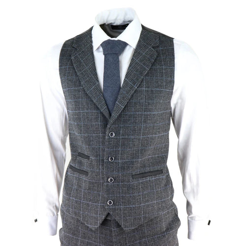 AK-12 - Men's Grey Tweed 3 Piece Suit Blue Check 1920s Gatsby Blinders