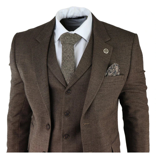 AK-06 - Men's Herringbone Tweed Brown 3 Piece Suit Wedding Blinders
