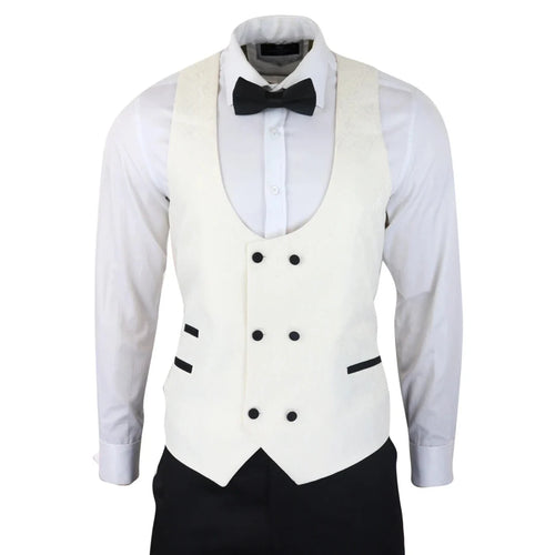 STZ61 - Men's Ivory Black Paisley Tuxedo Blazer And Waistcoat Dinner Jacket Satin