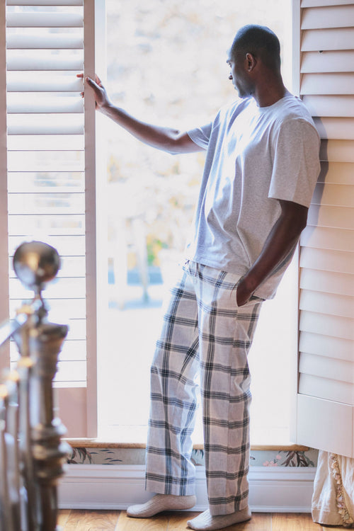 Men's Grey Marl Cotton Modal Short Sleeve Top and Grey Check Bottoms Set