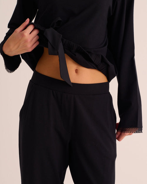 Black Modal Pyjama Set with Lace Trim