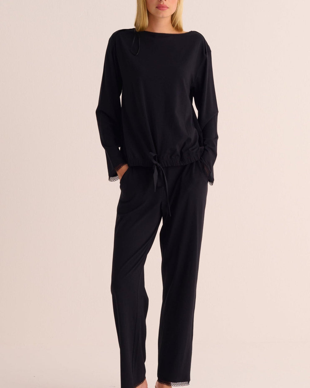 Black Modal Pyjama Set with Lace Trim
