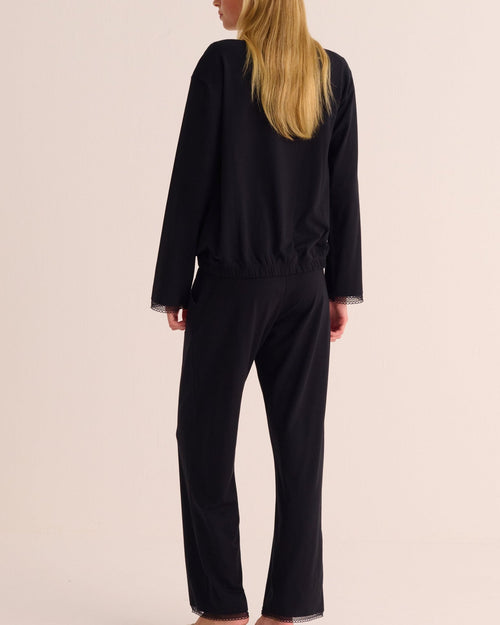 Black Modal Pyjama Set with Lace Trim