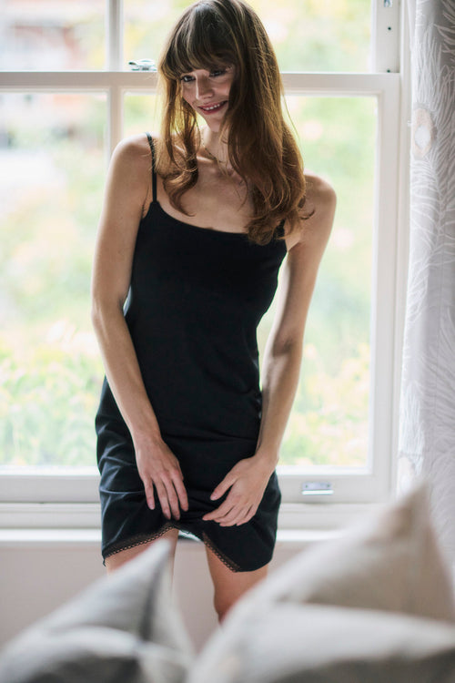 Black Modal Lace Trim Nightdress and Kimono Set