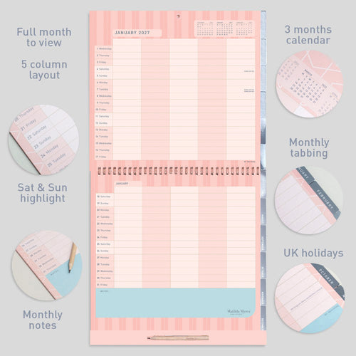 Matilda Myres | 2027 Monthly Five Column Family Calendar | Month-to-View in Pink