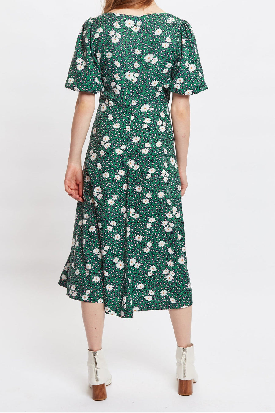 Louche Nadine Roaring Daisy Print Square Neck Balloon Sleeve Midi Dress - Green