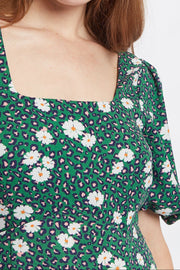 Louche Nadine Roaring Daisy Print Square Neck Balloon Sleeve Midi Dress - Green