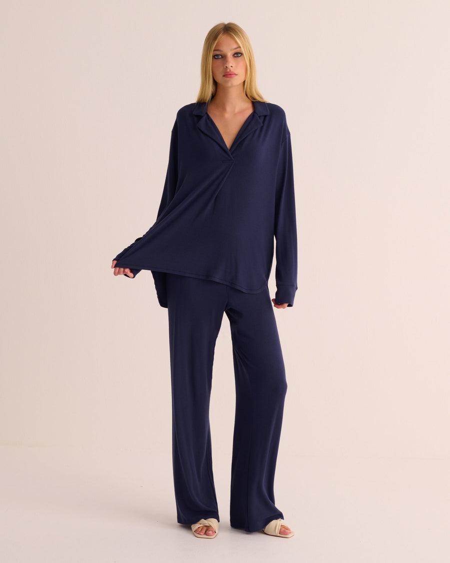 Navy Oversized Retro Ribbed Soft Modal Hero Shirt and Wide Leg Jogger Set