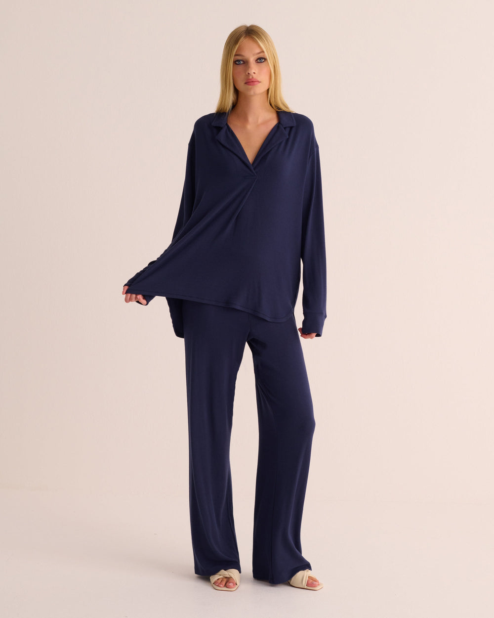 Navy Oversized Retro Ribbed Soft Modal Hero Shirt and Wide Leg Jogger Set