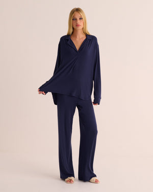 Navy Oversized Retro Ribbed Soft Modal Hero Shirt and Wide Leg Jogger Set