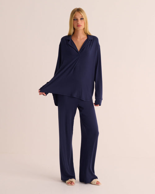 Navy Oversized Retro Ribbed Soft Modal Hero Shirt and Wide Leg Jogger Set