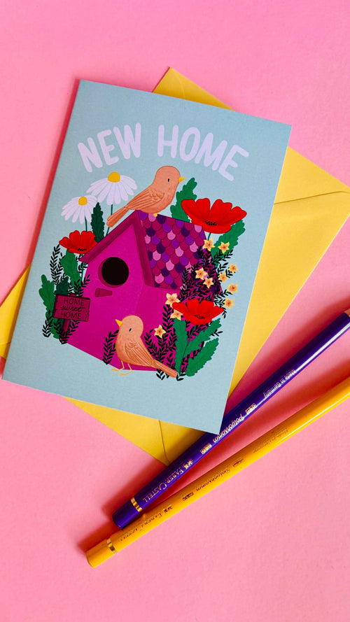 New Home Card- Cute and Colourful Handmade Floral Birdhouse Greetings Card