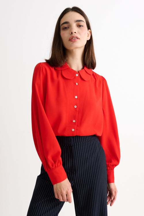 Octavia Crepe Petal Collar Blouse- Red