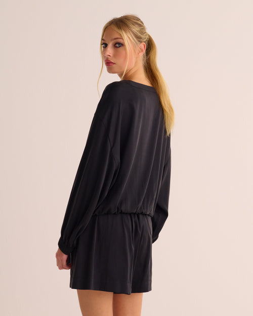 Black Washable Organic Stretch Silk Tie-Waist Sweatshirt