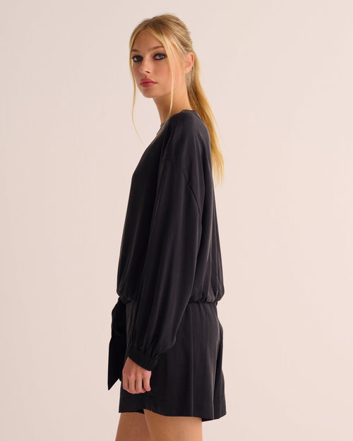 Black Washable Organic Stretch Silk Tie-Waist Sweatshirt
