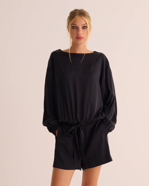 Black Washable Organic Stretch Silk Tie-Waist Sweatshirt