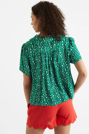 Louche Padma Spot It Print Ruffle Collar Short Sleeve Blouse Green