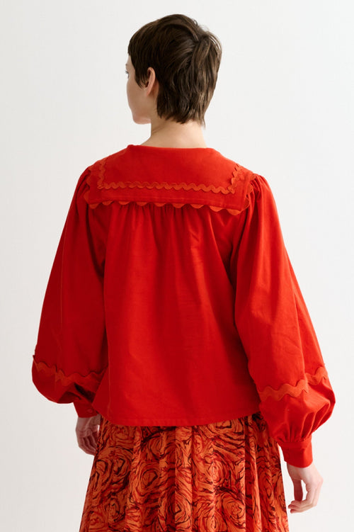 Pallas Babycord Big Collar Ric Rac Trimmed Blouse - Red