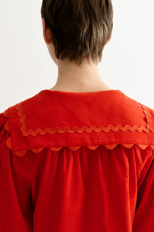 Pallas Babycord Big Collar Ric Rac Trimmed Blouse - Red